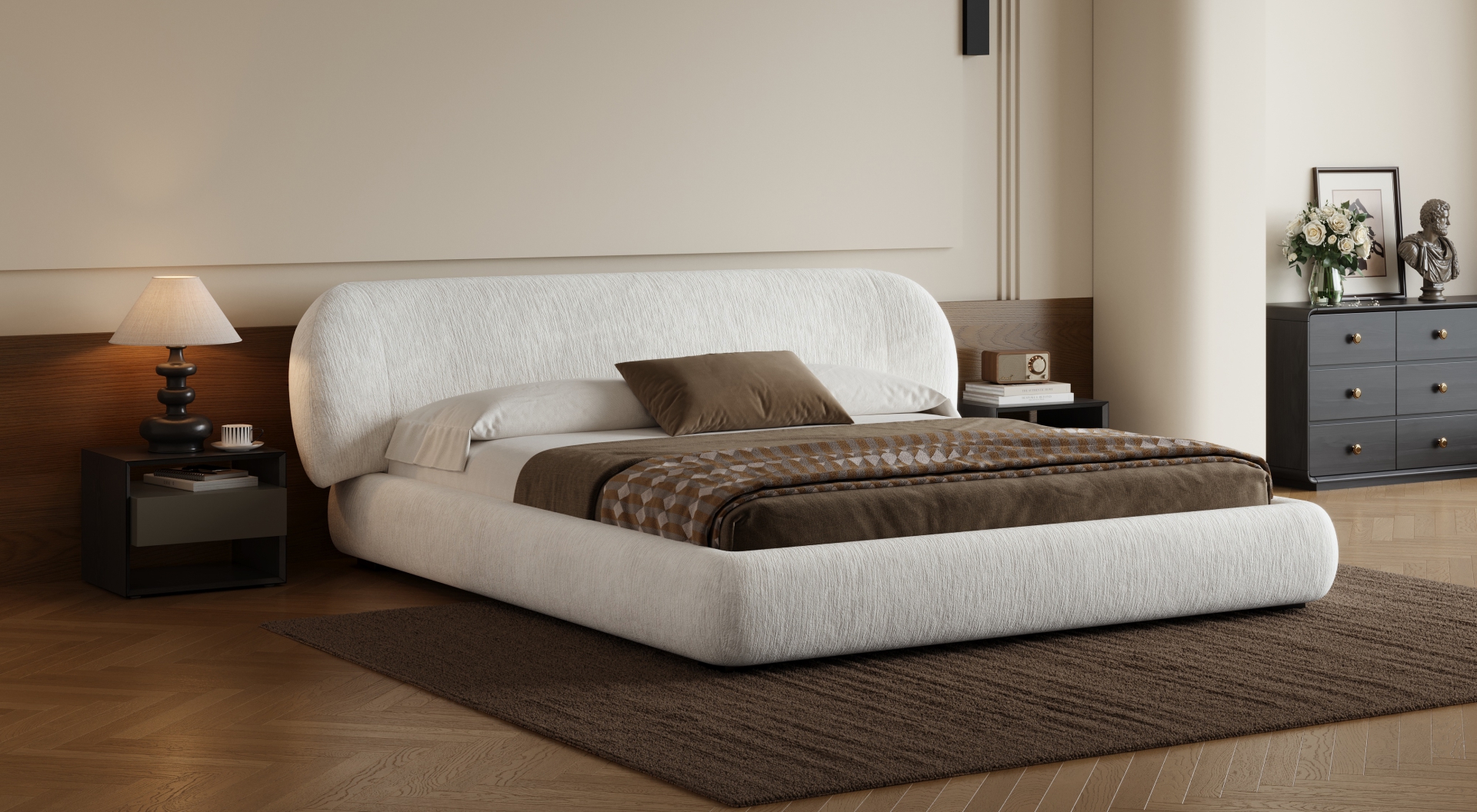 Cream Rounded Headboard Bed