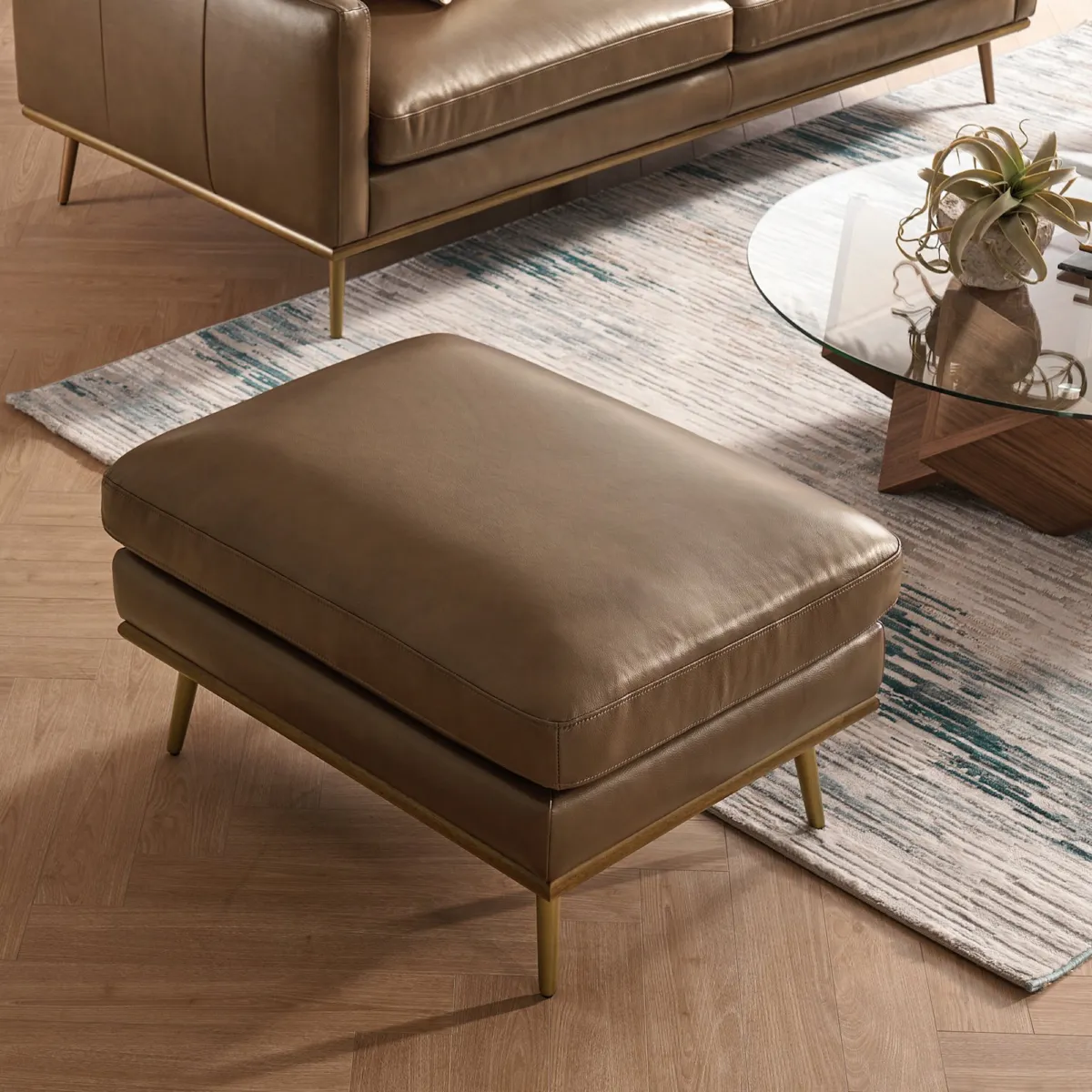Isaac Leather Bumper Chaise Sectional Couch with Ottoman - view 8