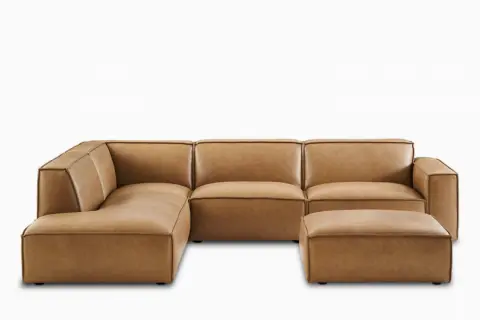 Jonathan Leather Extended Side Chaise Sectional Couch with Ottoman
