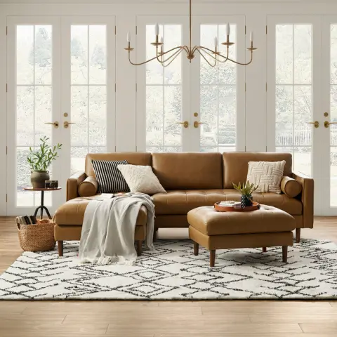 Madison Leather Chaise Sectional Couch with Ottoman