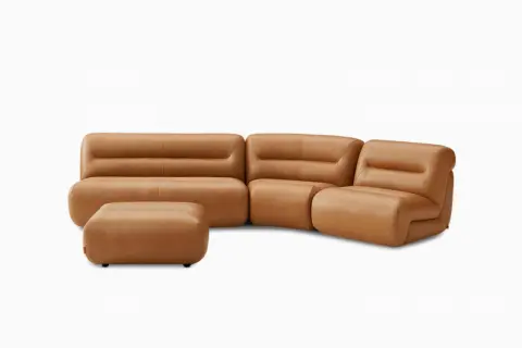 Tovi Leather Angled Chaise Sectional Couch with Ottoman